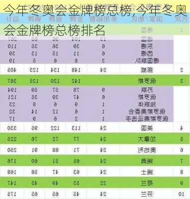 今年冬奥会金牌榜总榜,今年冬奥会金牌榜总榜排名