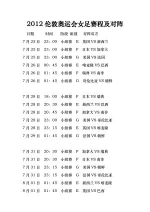 2012奥运会足球赛程,2012奥运会足球赛程表